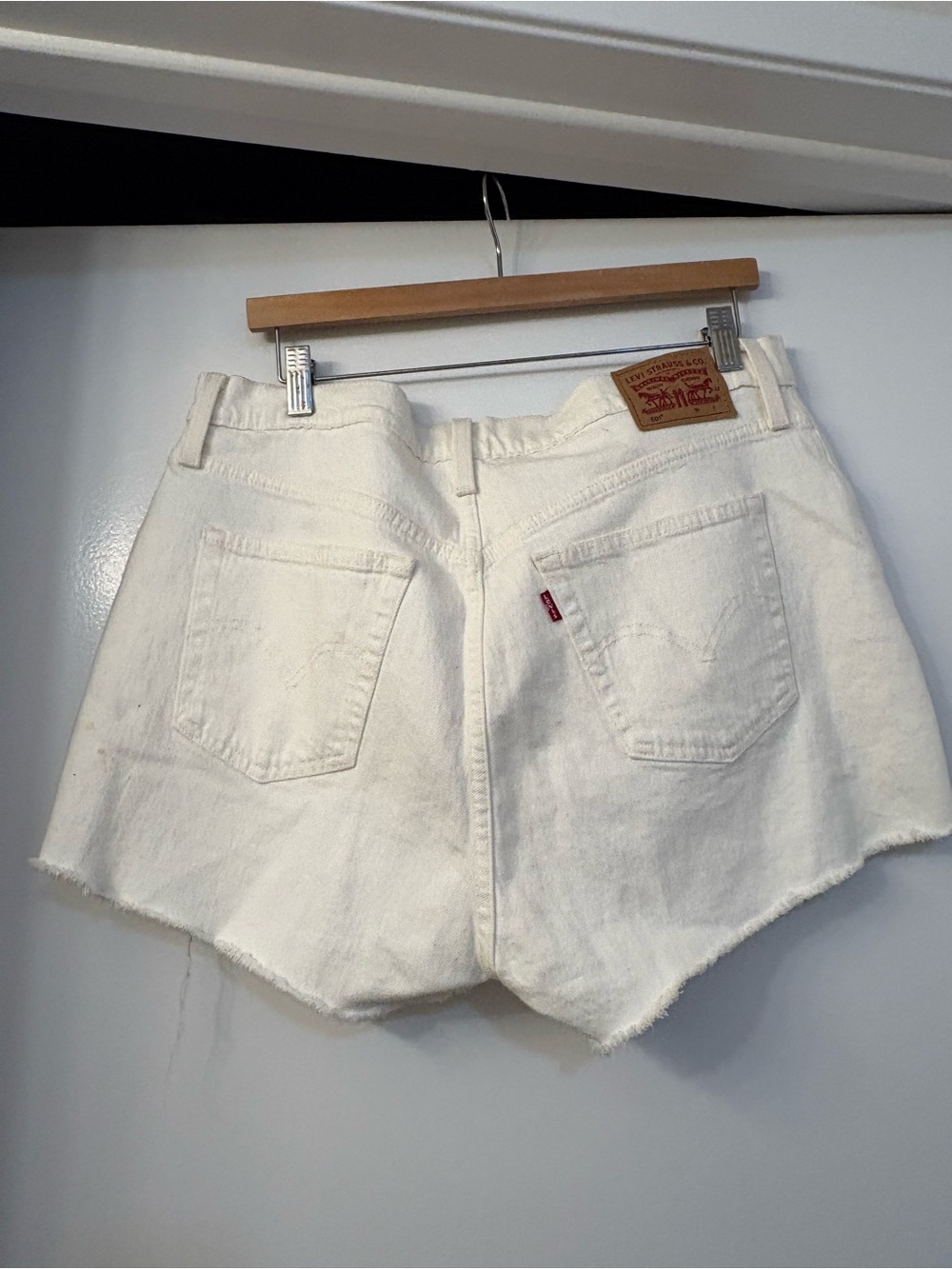 Levi's White High-Rise Raw Hem Denim Shorts
